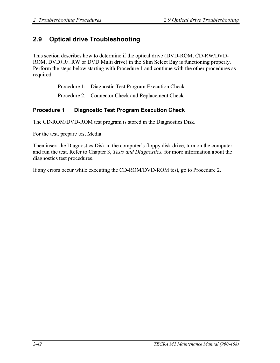 Toshiba tecra m2 manual Troubleshooting Procedures Optical drive Troubleshooting 