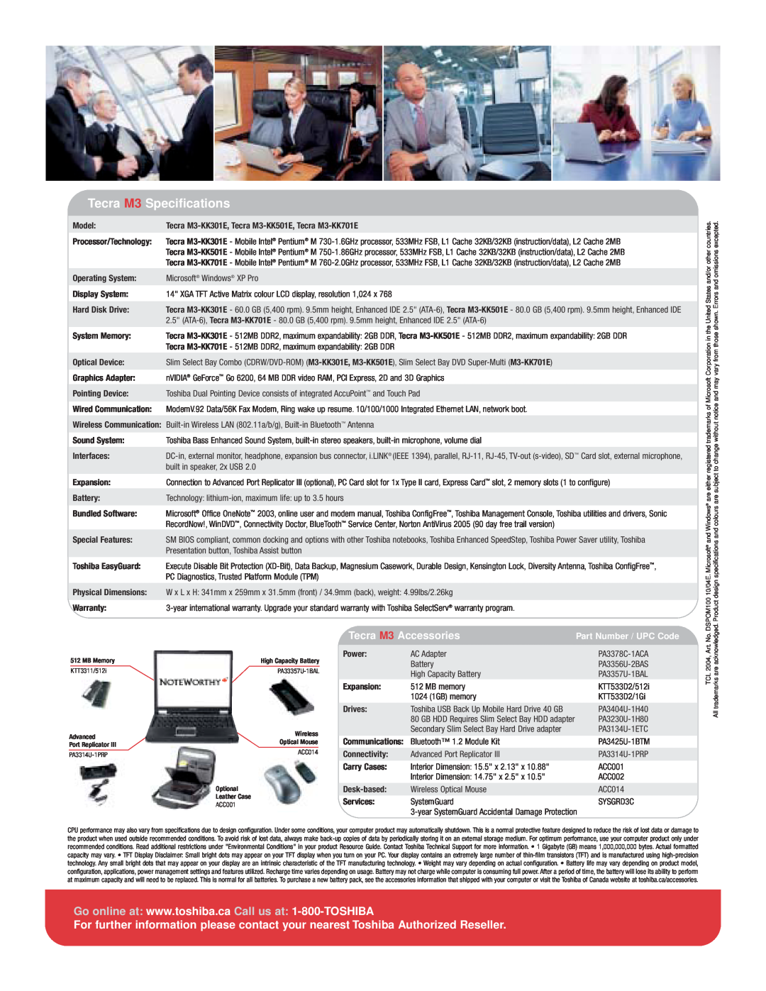 Toshiba manual Tecra M3 Specifications, Tecra M3 Accessories, Part Number / UPC Code 