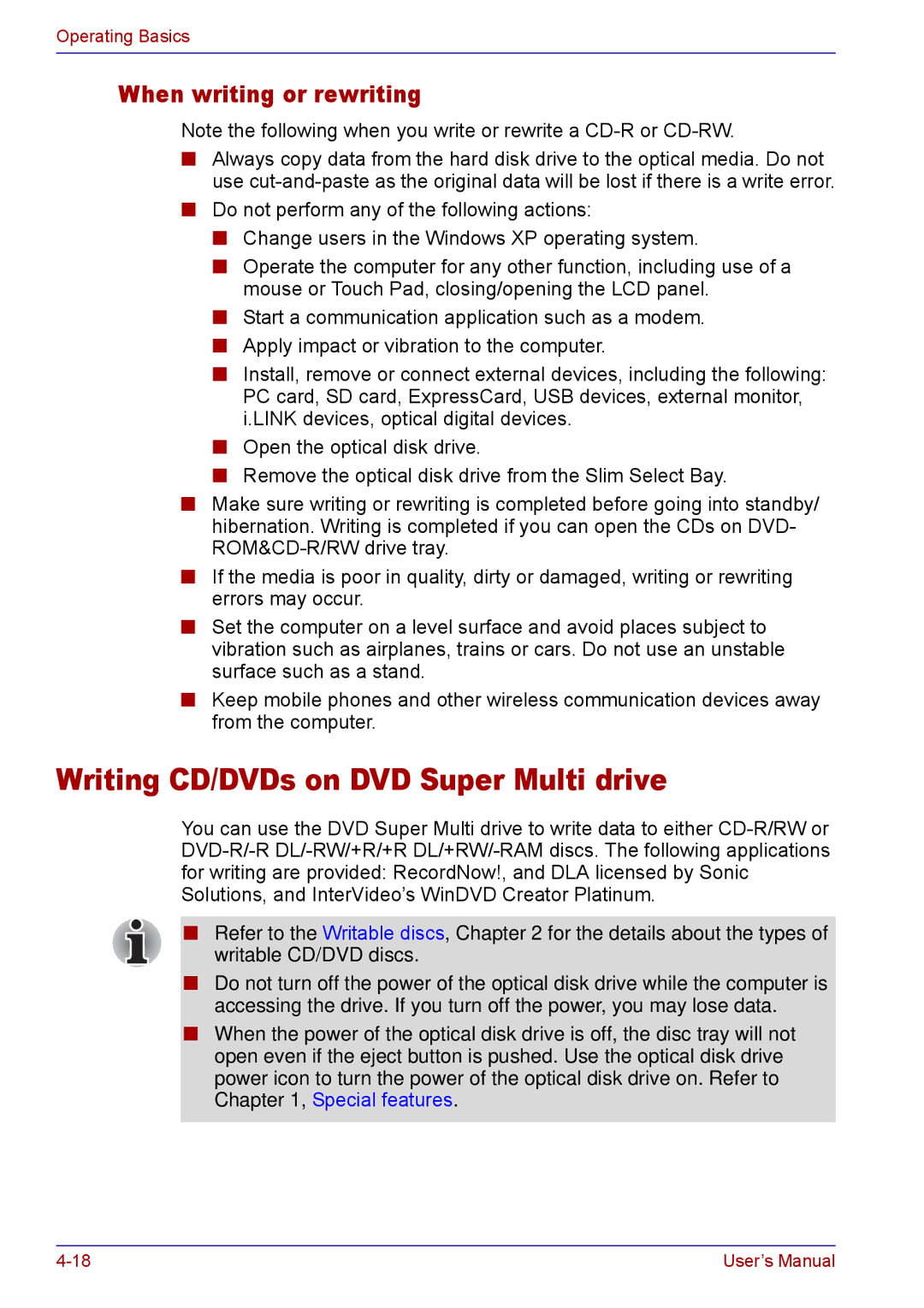 Toshiba TECRA M5 user manual Writing CD/DVDs on DVD Super Multi drive, When writing or rewriting 