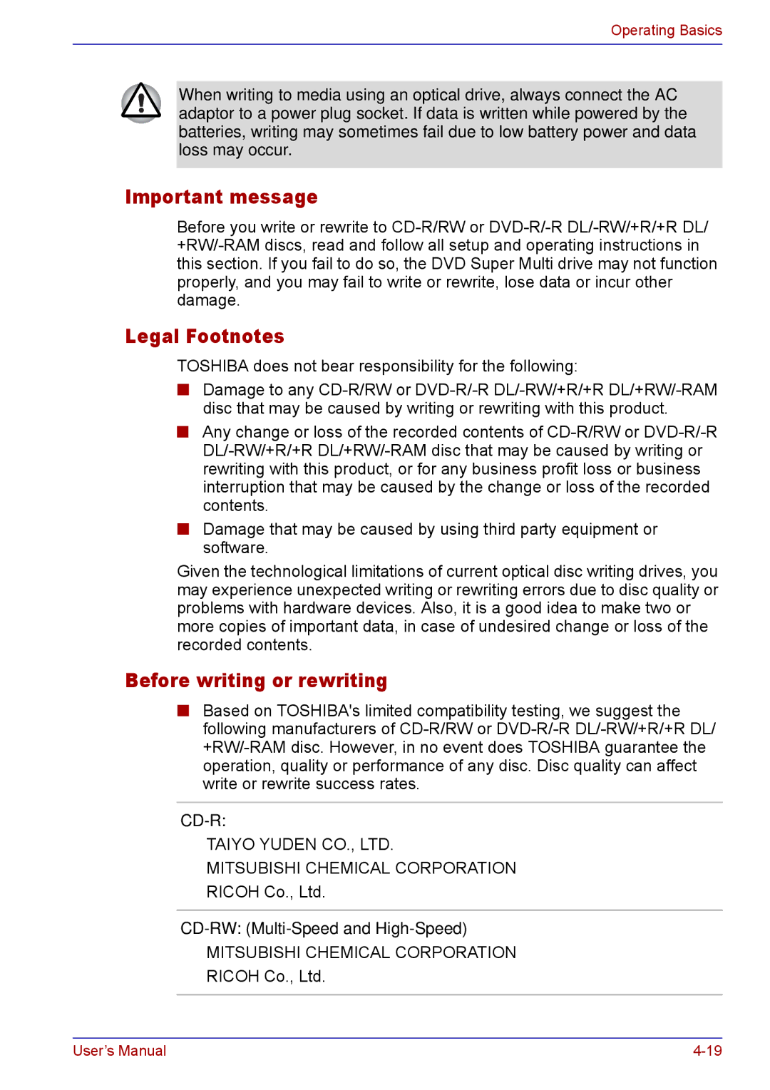 Toshiba TECRA M5 user manual Important message, Legal Footnotes, CD-RW Multi-Speed and High-Speed 