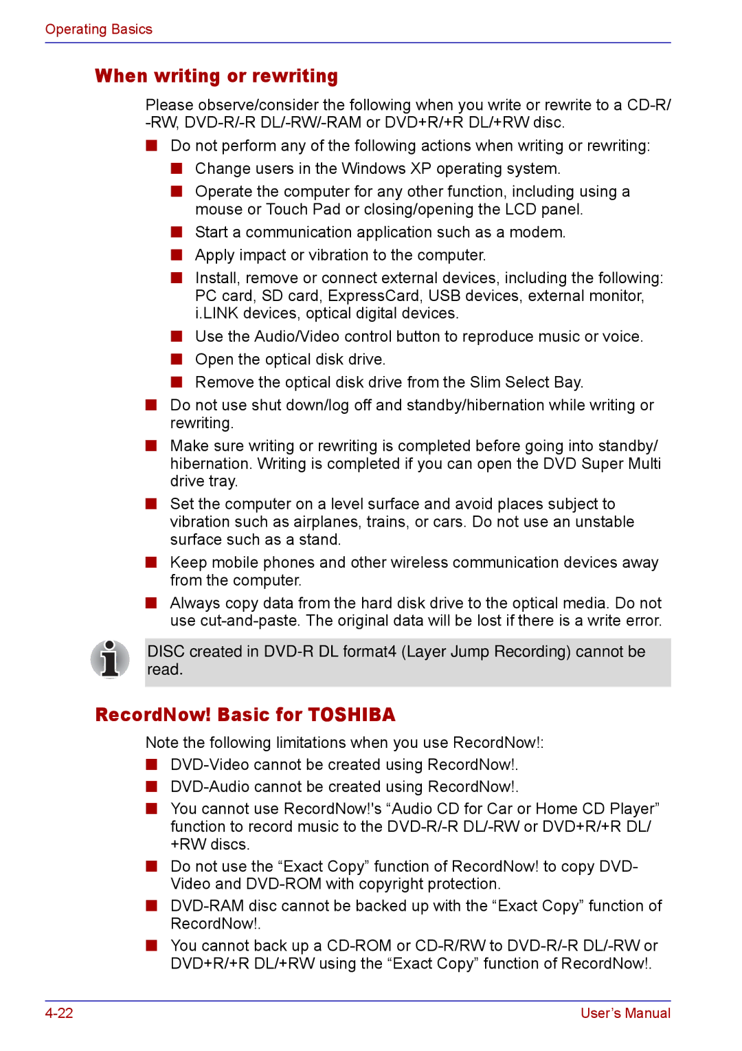 Toshiba TECRA M5 user manual When writing or rewriting, RecordNow! Basic for Toshiba 