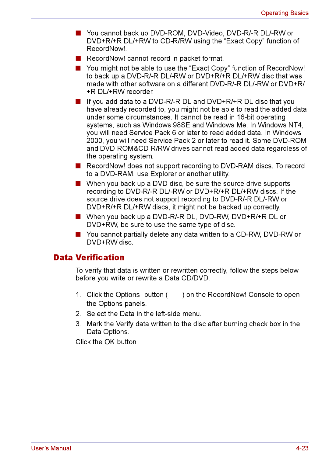 Toshiba TECRA M5 user manual Data Verification 