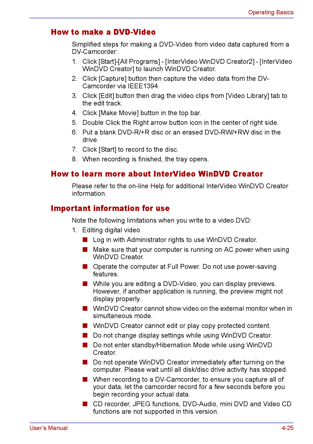 Toshiba TECRA M5 How to make a DVD-Video, How to learn more about InterVideo WinDVD Creator, Important information for use 