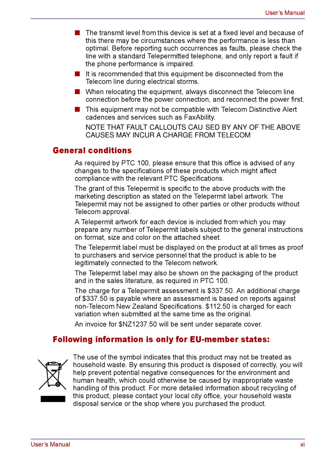 Toshiba TECRA M5 user manual General conditions, Following information is only for EU-member states 