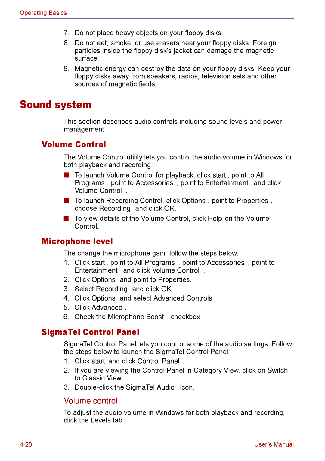 Toshiba TECRA M5 user manual Sound system, Volume Control, Microphone level, SigmaTel Control Panel, Volume control 