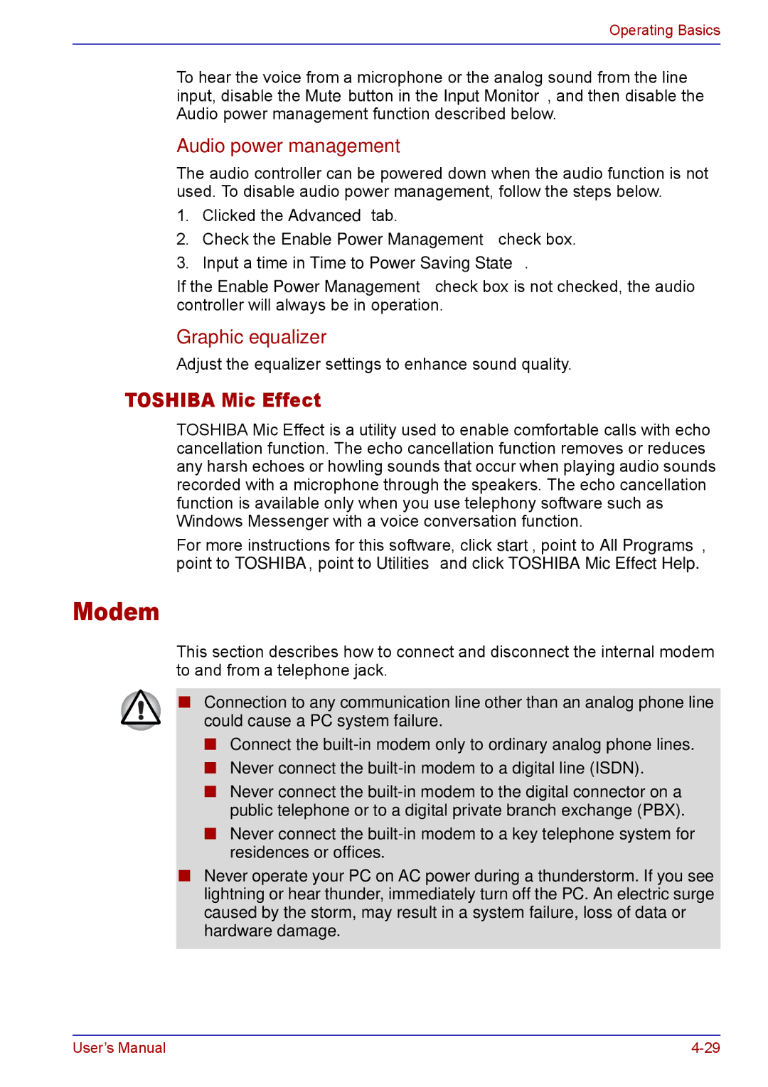 Toshiba TECRA M5 user manual Modem, Toshiba Mic Effect, Audio power management, Graphic equalizer 