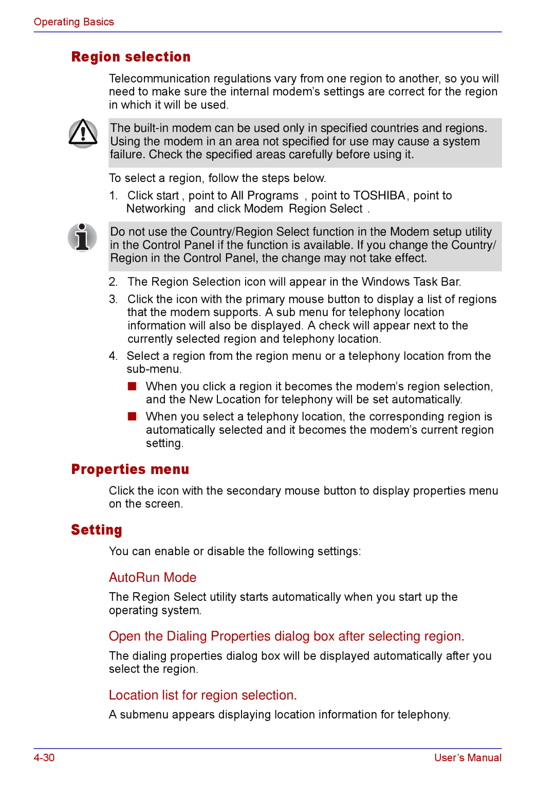 Toshiba TECRA M5 user manual Properties menu, Setting 