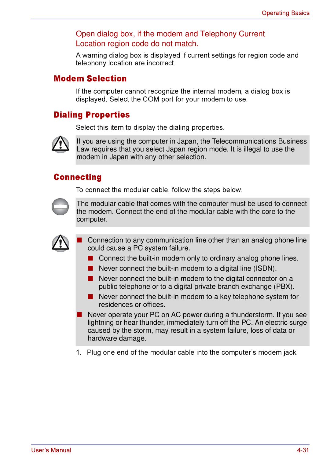 Toshiba TECRA M5 user manual Modem Selection, Dialing Properties, Connecting 