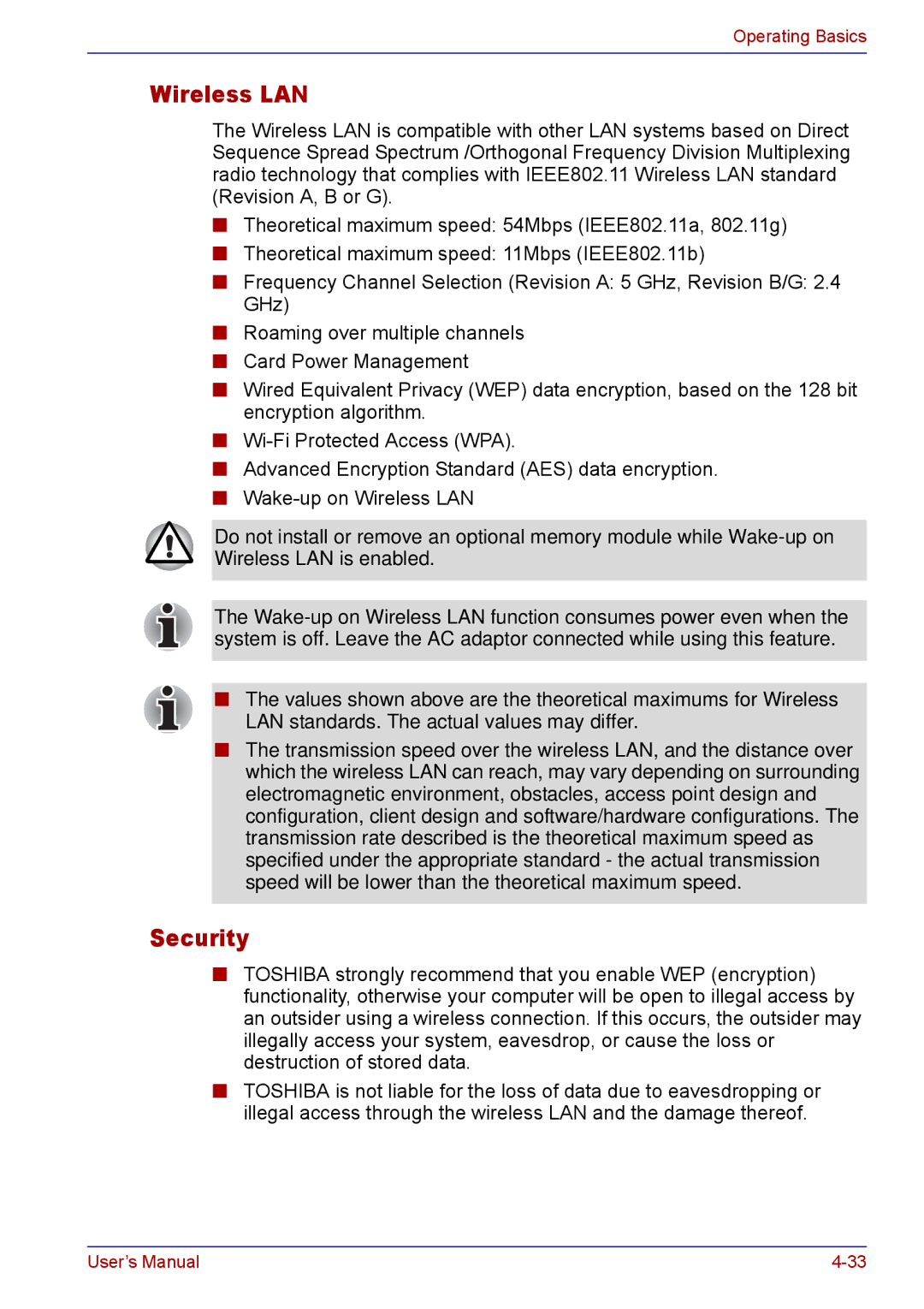 Toshiba TECRA M5 user manual Wireless LAN, Security 