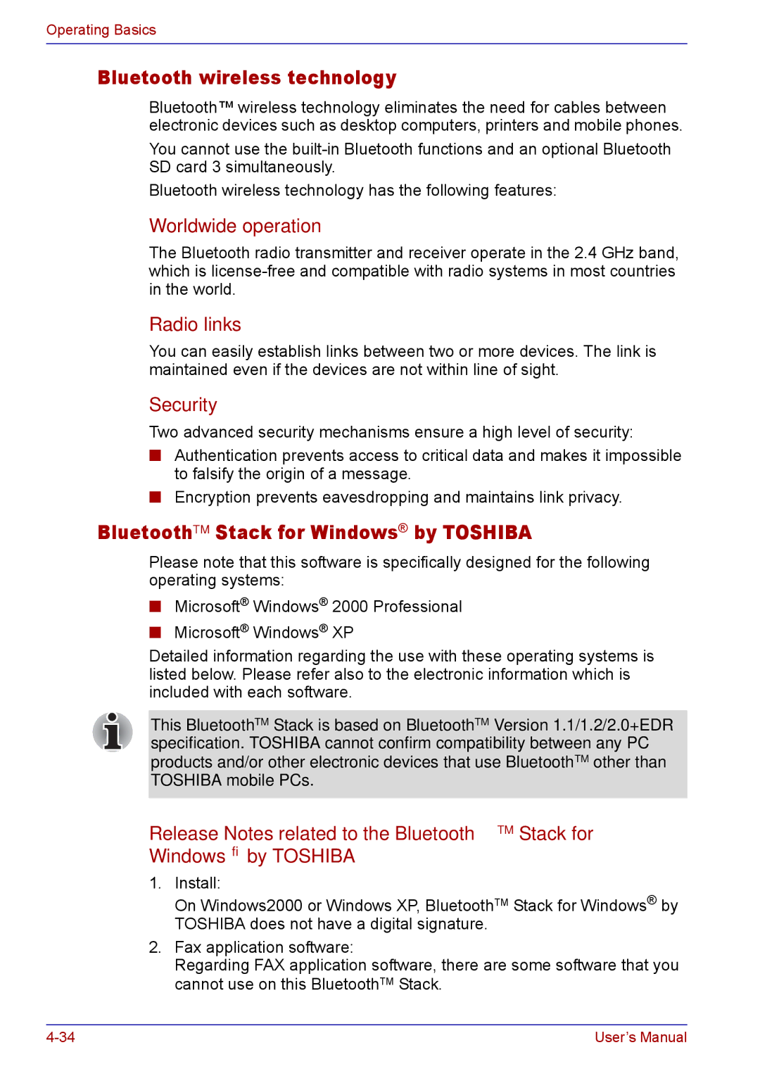 Toshiba TECRA M5 Bluetooth wireless technology, BluetoothTM Stack for Windows by Toshiba, Worldwide operation, Radio links 