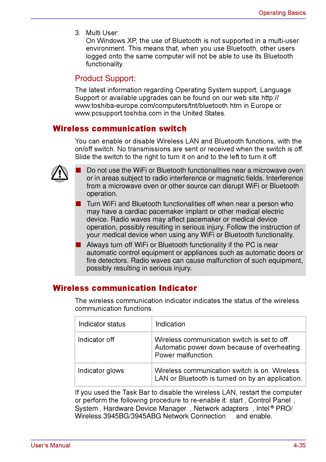 Toshiba TECRA M5 user manual Wireless communication switch, Wireless communication Indicator, Indicator status Indication 