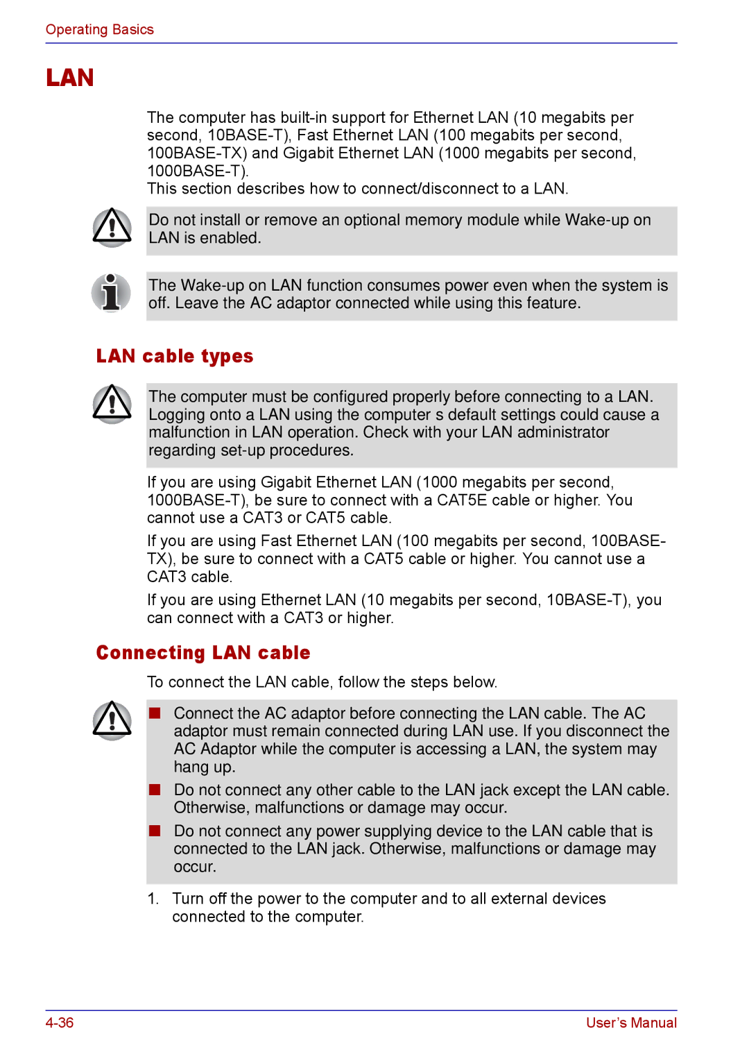 Toshiba TECRA M5 user manual LAN cable types, Connecting LAN cable 