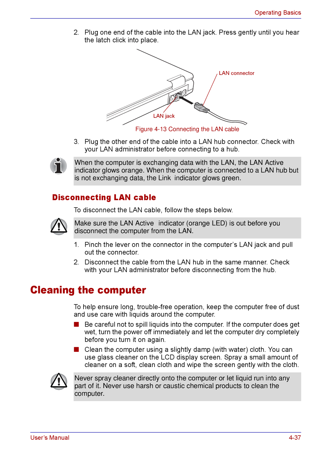 Toshiba TECRA M5 user manual Cleaning the computer, Disconnecting LAN cable 