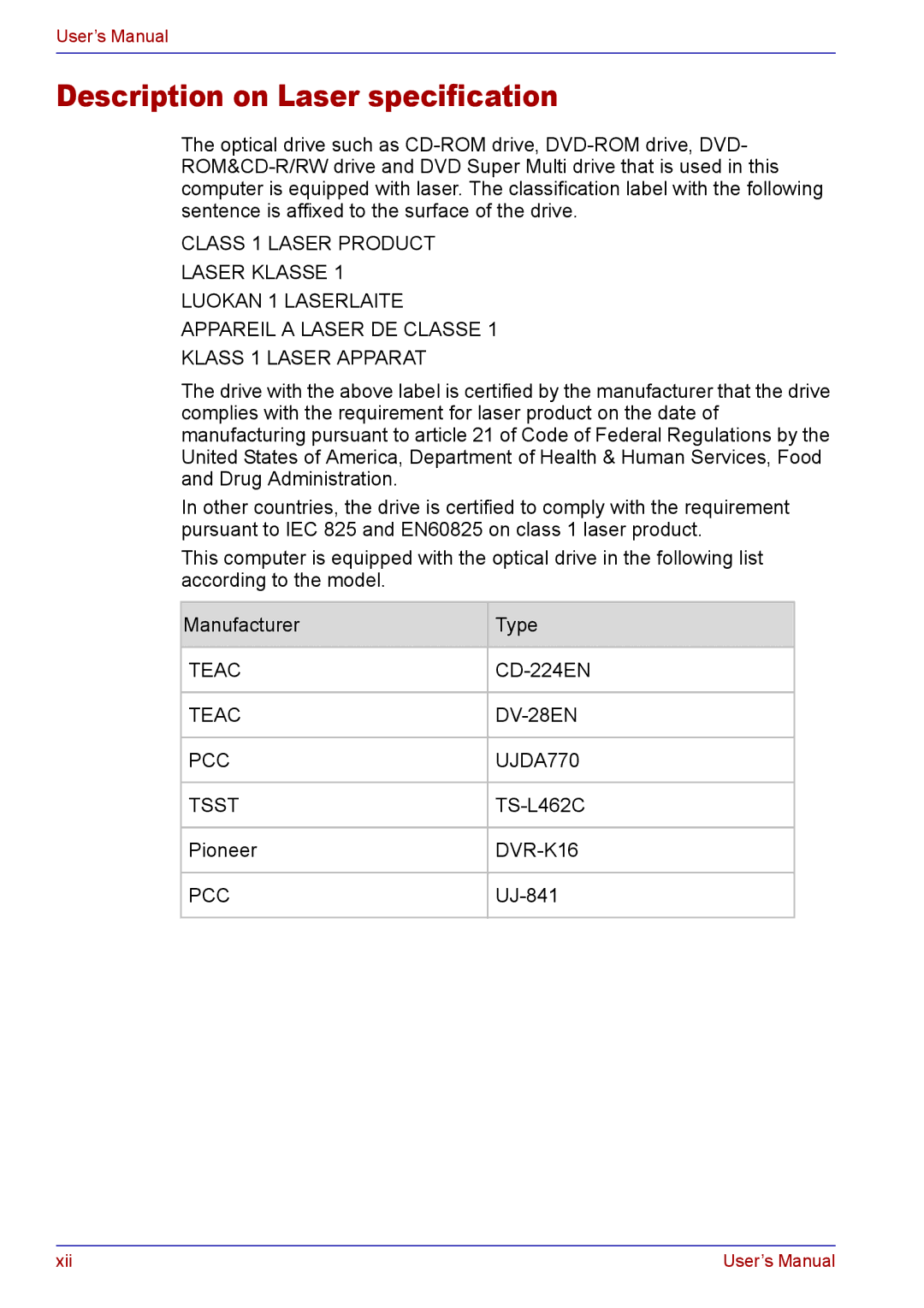 Toshiba TECRA M5 user manual Description on Laser specification 