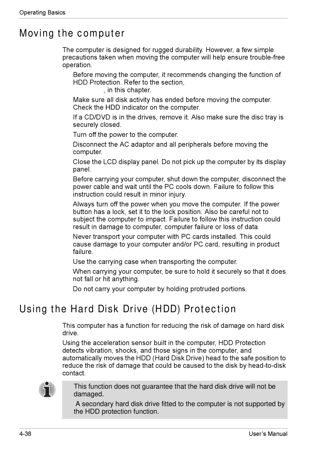 Toshiba TECRA M5 user manual Moving the computer, Using the Hard Disk Drive HDD Protection 