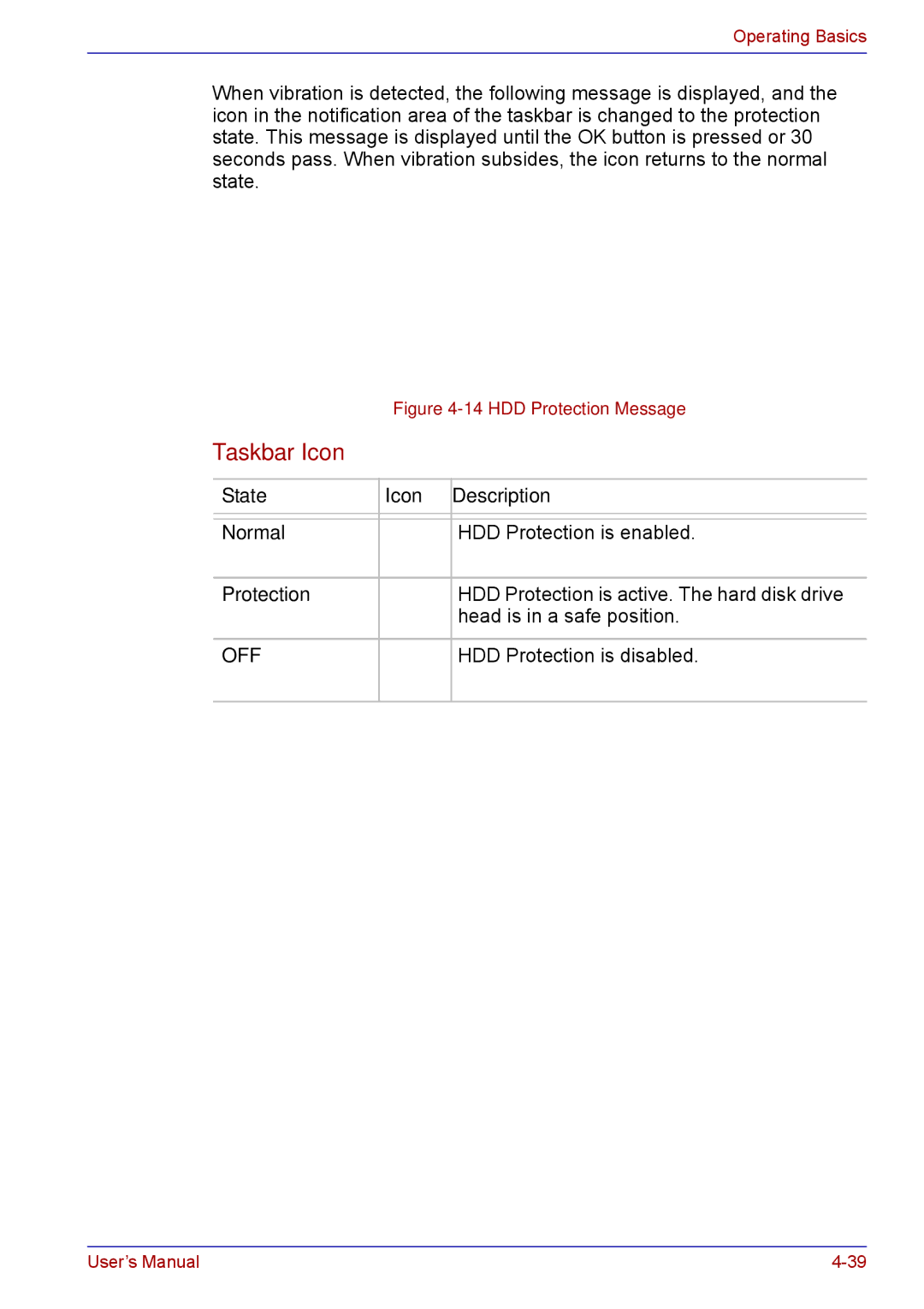 Toshiba TECRA M5 user manual Taskbar Icon, HDD Protection is disabled 