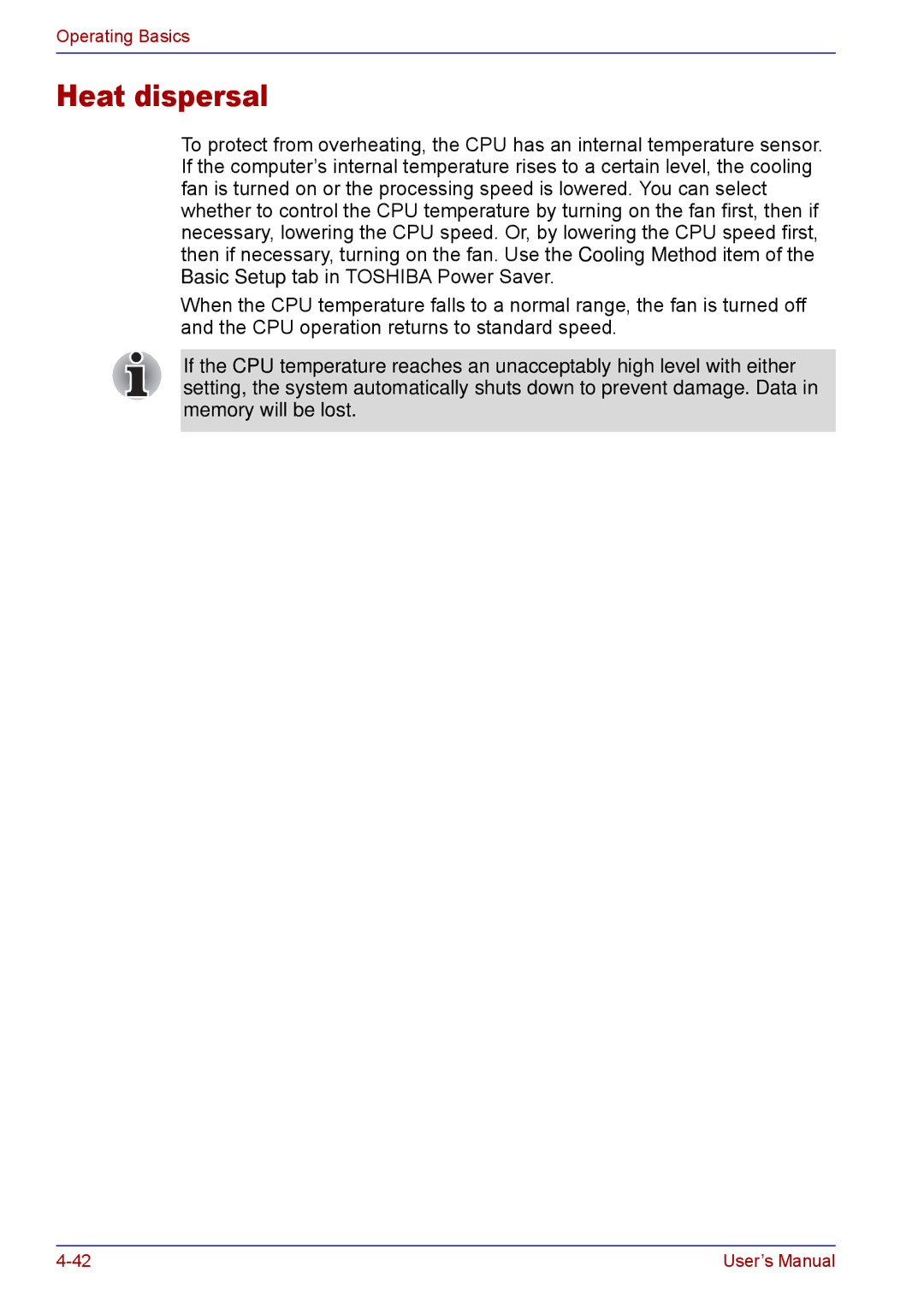 Toshiba TECRA M5 user manual Heat dispersal 