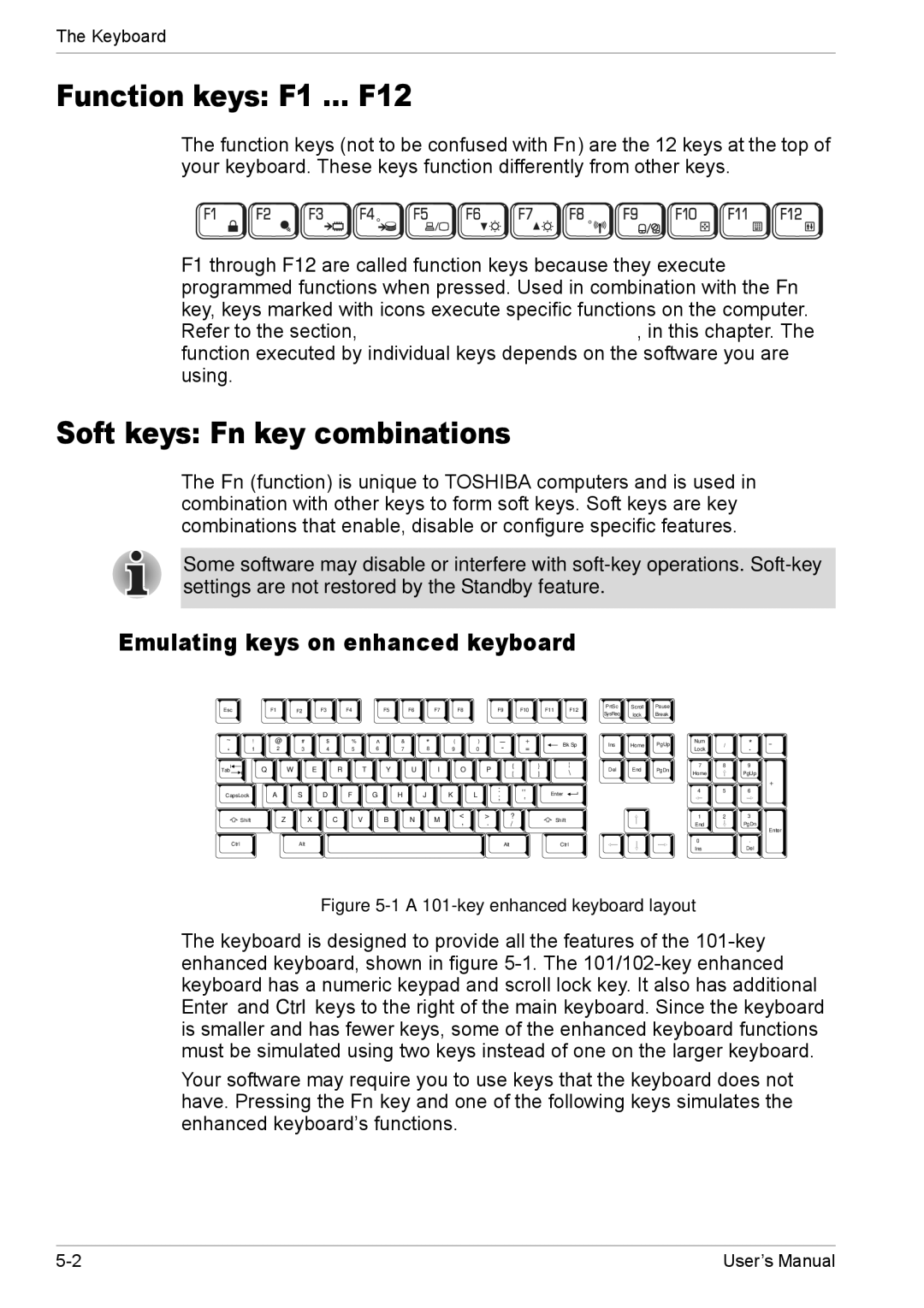 Toshiba TECRA M5 user manual Function keys F1 … F12, Soft keys Fn key combinations, Emulating keys on enhanced keyboard 