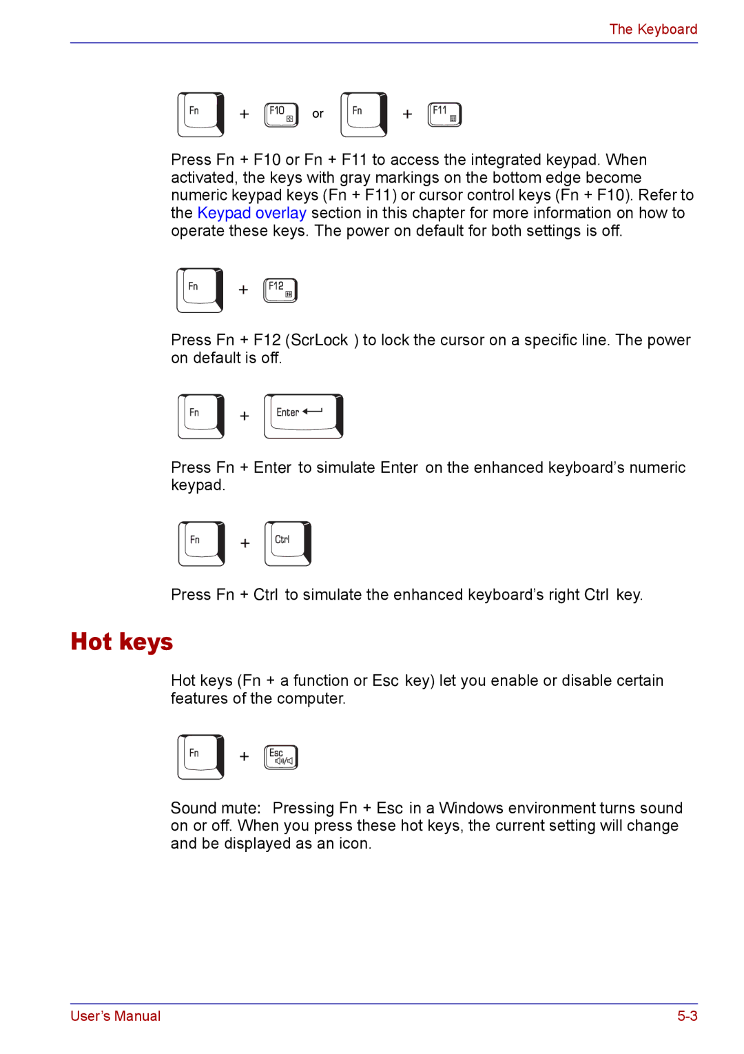 Toshiba TECRA M5 user manual Hot keys 