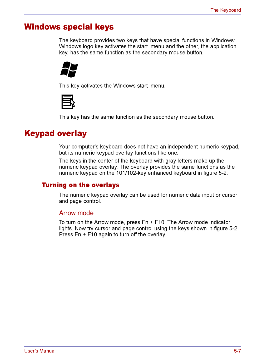 Toshiba TECRA M5 user manual Windows special keys, Keypad overlay, Turning on the overlays, Arrow mode 