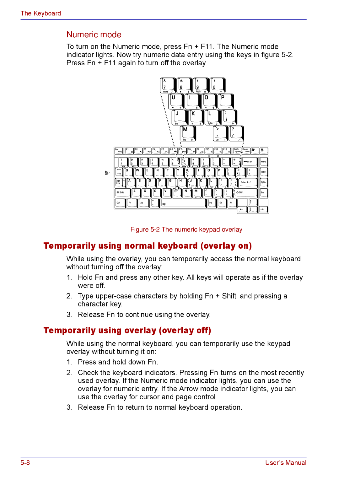 Toshiba TECRA M5 Temporarily using normal keyboard overlay on, Temporarily using overlay overlay off, Numeric mode 