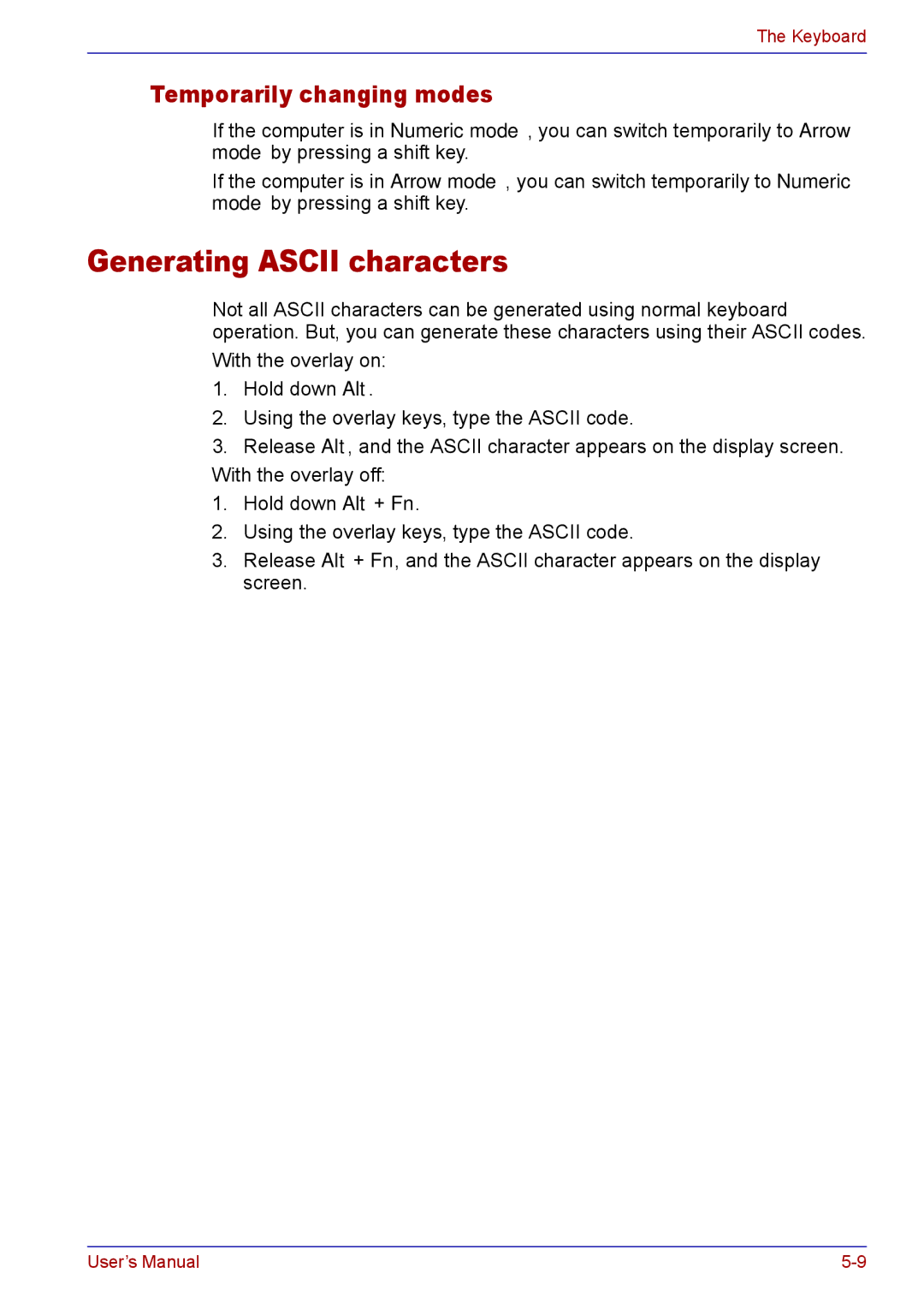 Toshiba TECRA M5 user manual Generating Ascii characters, Temporarily changing modes 