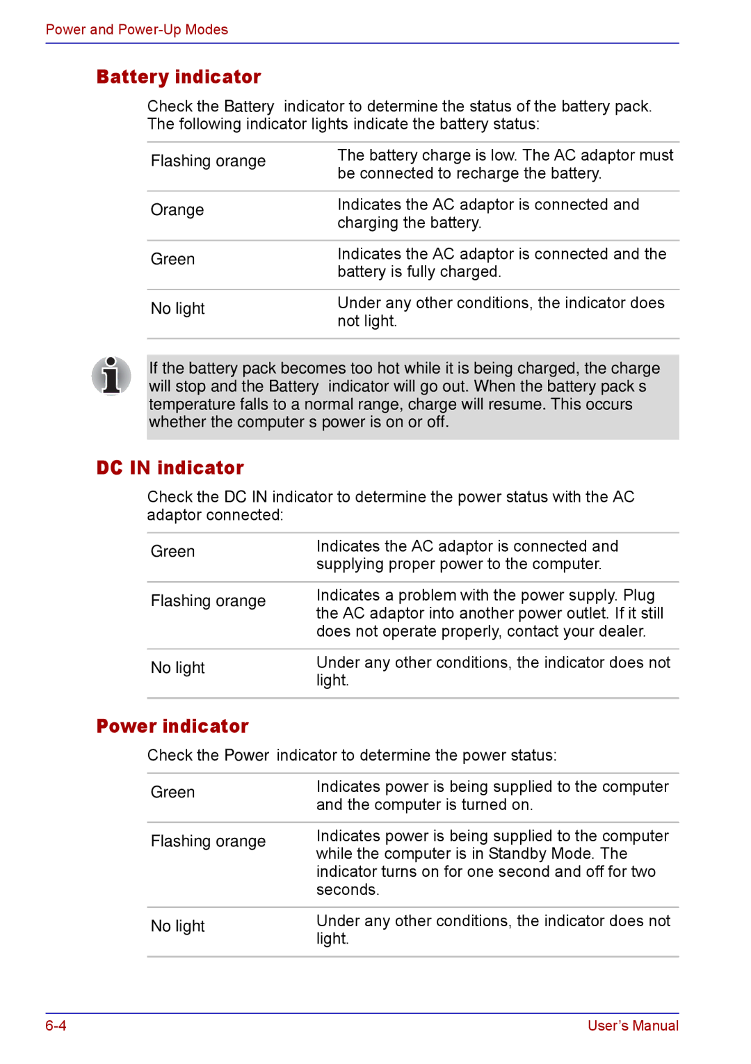 Toshiba TECRA M5 user manual Battery indicator, DC in indicator, Power indicator, Flashing orange, No light 