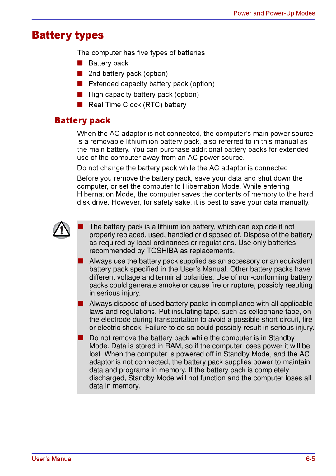 Toshiba TECRA M5 user manual Battery types, Battery pack 