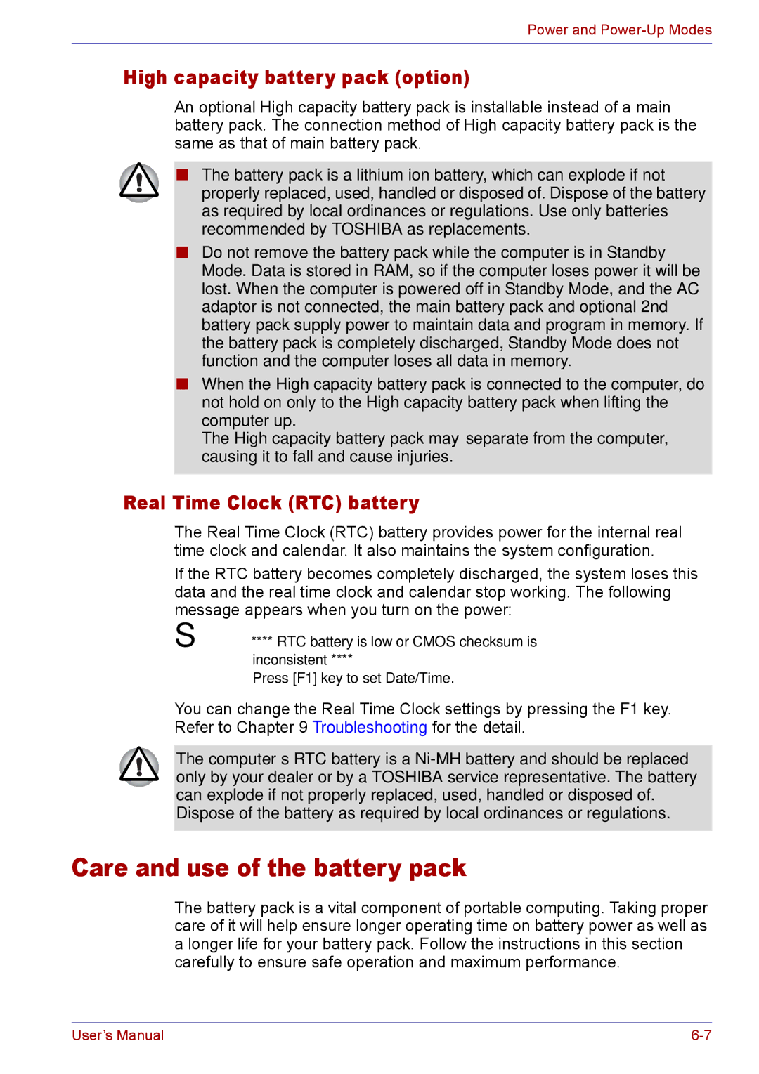 Toshiba TECRA M5 Care and use of the battery pack, High capacity battery pack option, Real Time Clock RTC battery 