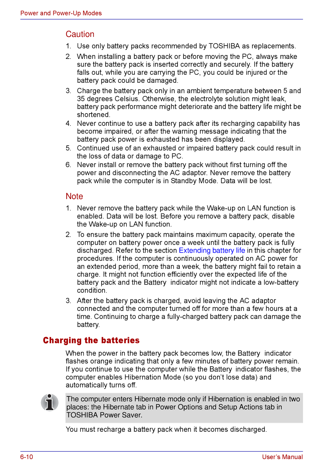 Toshiba TECRA M5 user manual Charging the batteries 