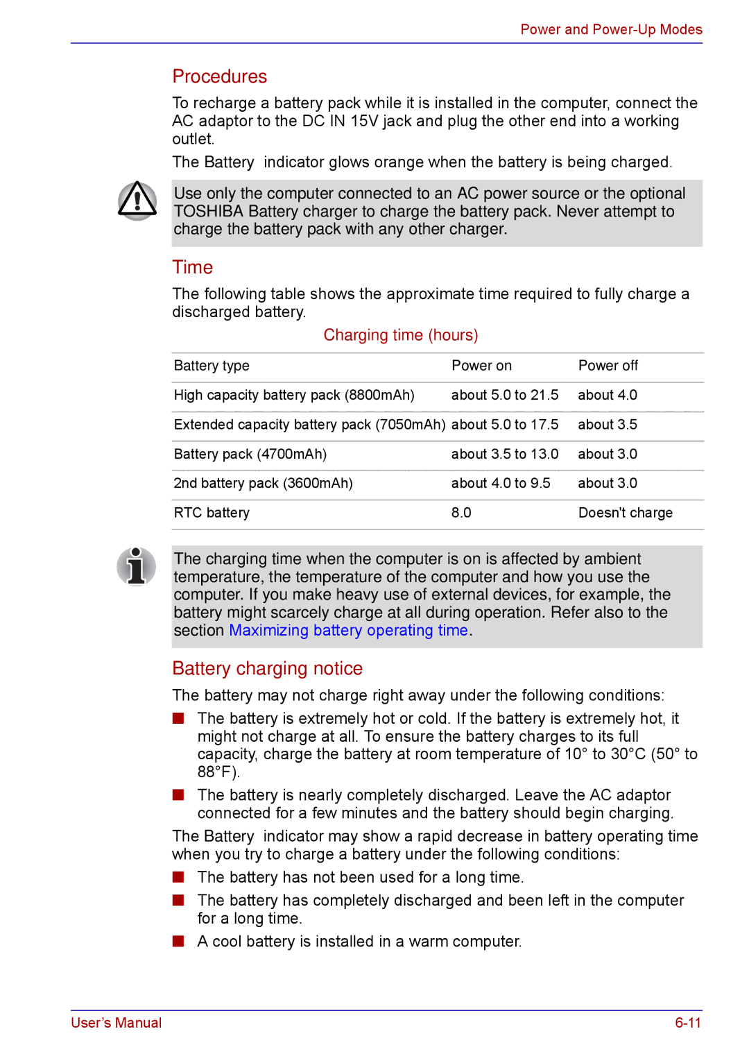 Toshiba TECRA M5 user manual Procedures, Time, Battery charging notice 