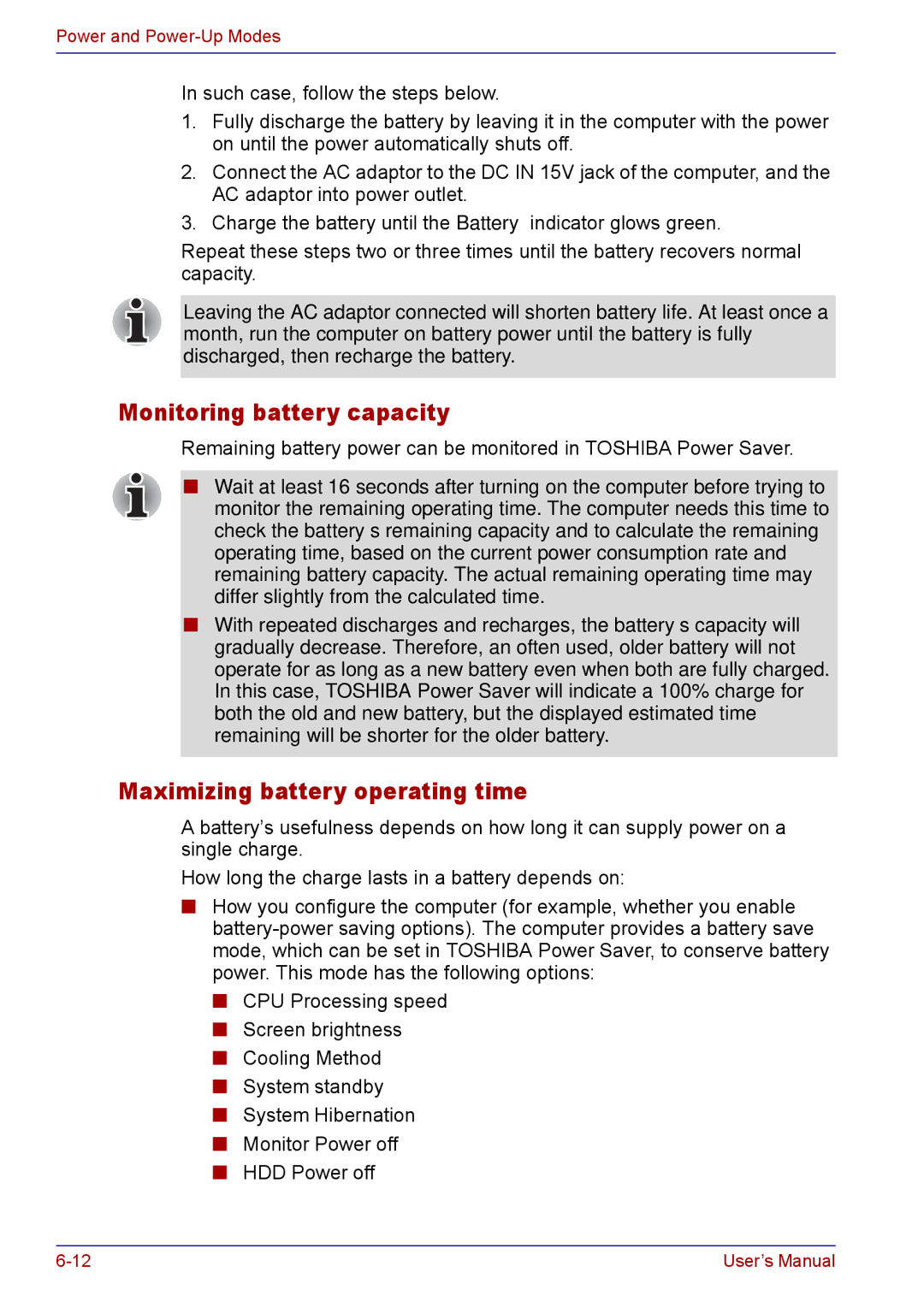 Toshiba TECRA M5 user manual Monitoring battery capacity, Maximizing battery operating time 