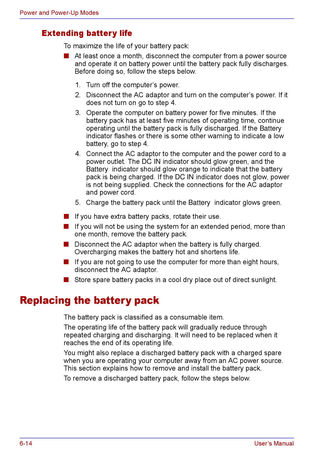 Toshiba TECRA M5 user manual Replacing the battery pack, Extending battery life 