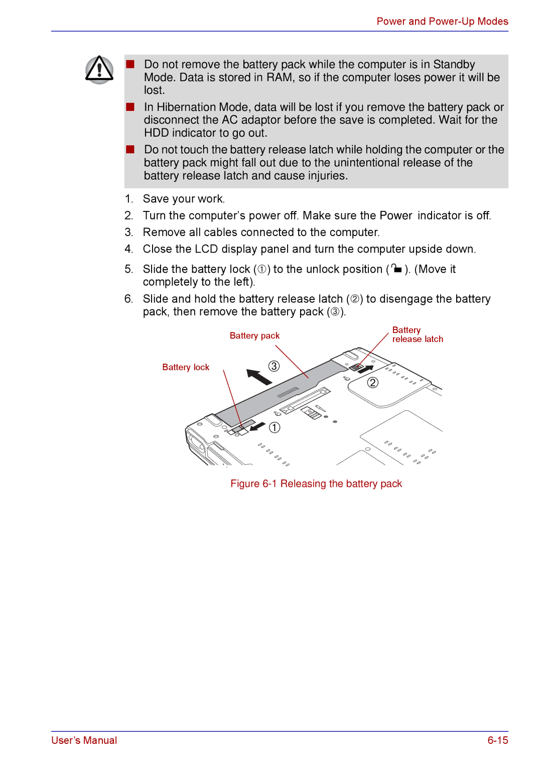 Toshiba TECRA M5 user manual Releasing the battery pack 