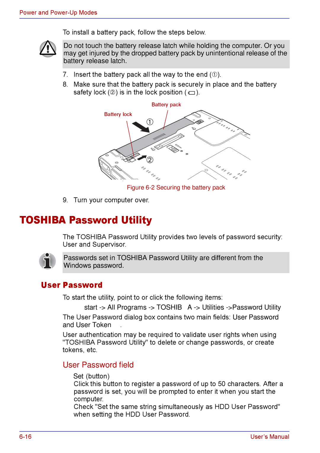 Toshiba TECRA M5 Toshiba Password Utility, User Password field, Start All Programs Toshiba Utilities -Password Utility 