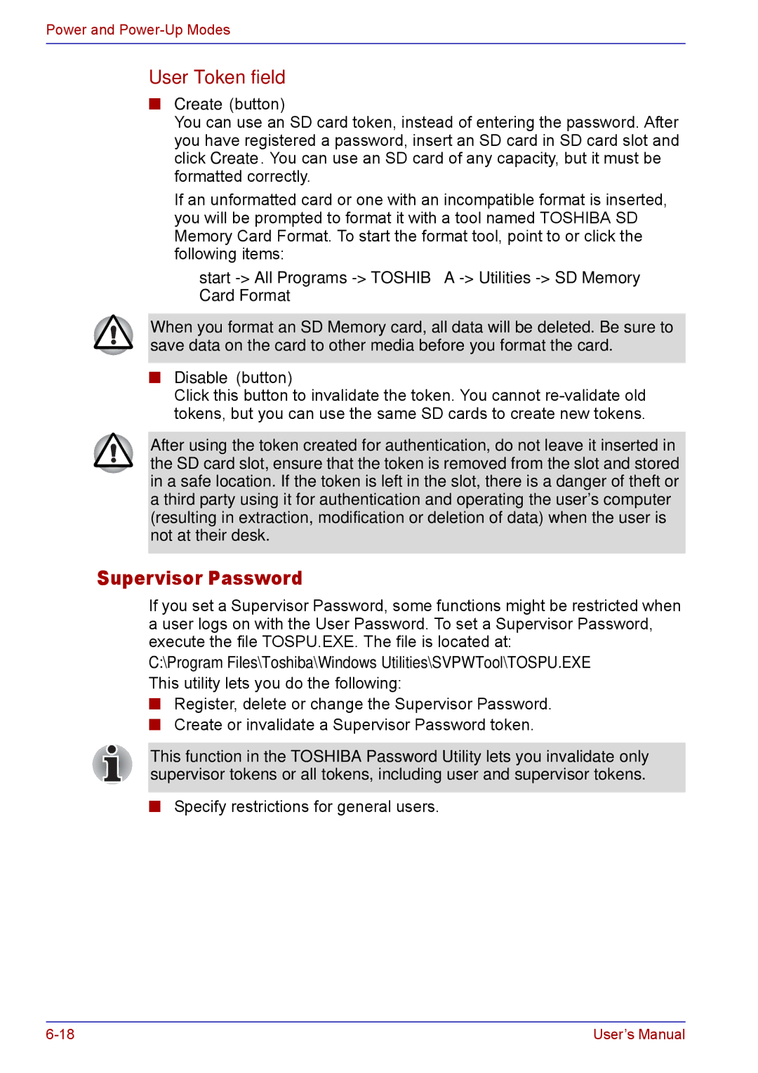 Toshiba TECRA M5 Supervisor Password, User Token field, Start All Programs Toshiba Utilities SD Memory Card Format 