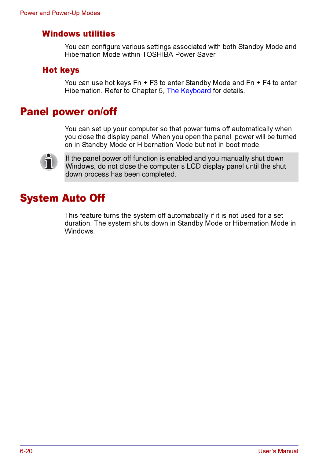 Toshiba TECRA M5 user manual Panel power on/off, System Auto Off, Windows utilities, Hot keys 