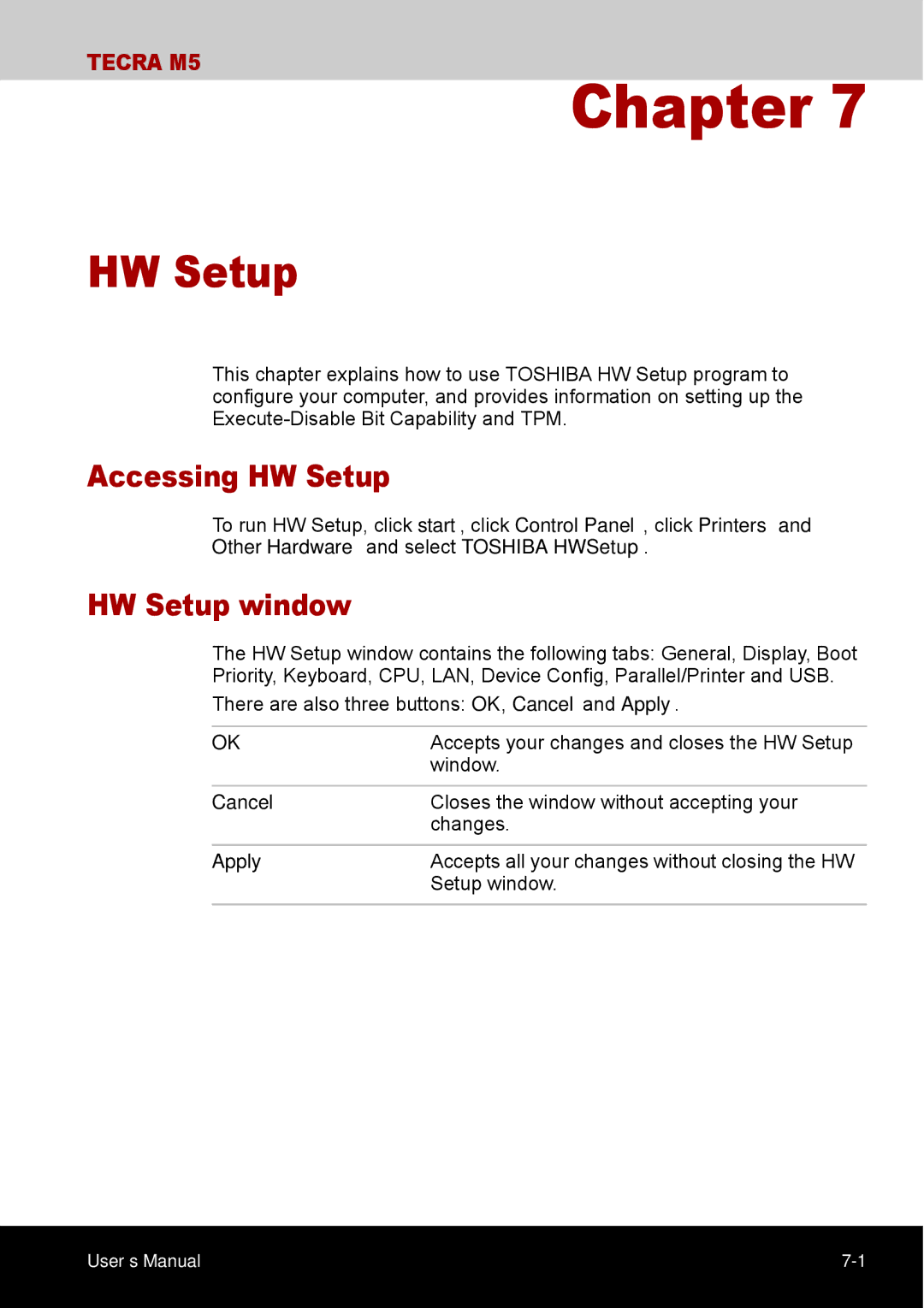 Toshiba TECRA M5 user manual Accessing HW Setup, HW Setup window 