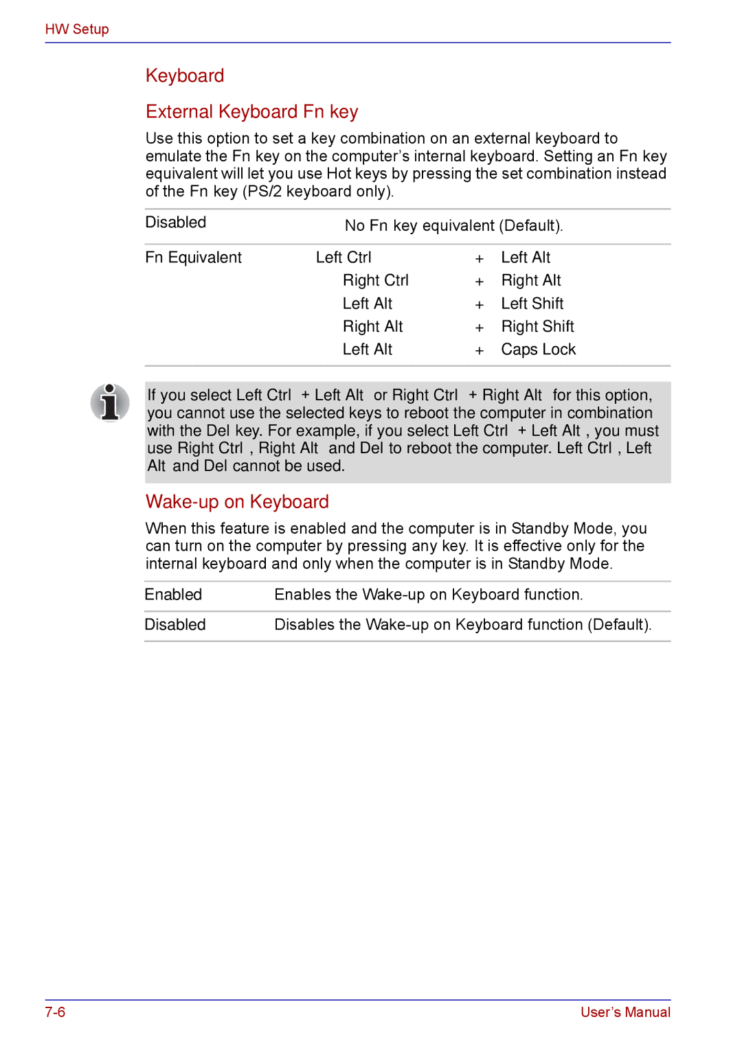 Toshiba TECRA M5 user manual External Keyboard Fn key, No Fn key equivalent Default 