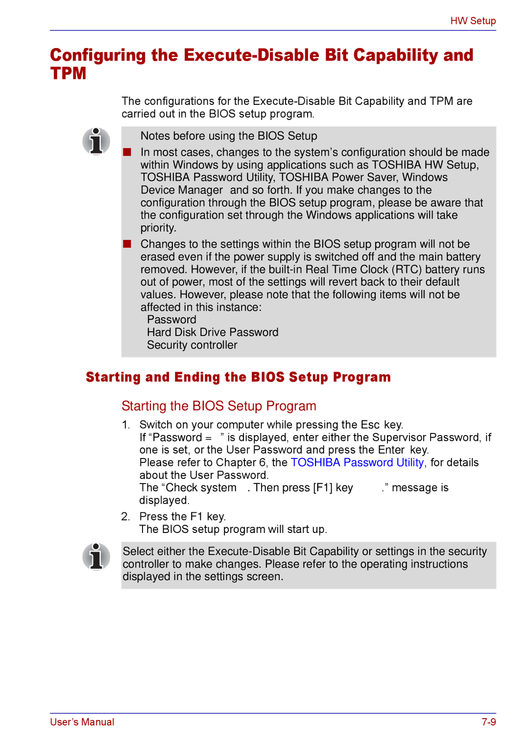 Toshiba TECRA M5 user manual Configuring the Execute-Disable Bit Capability, Starting and Ending the Bios Setup Program 