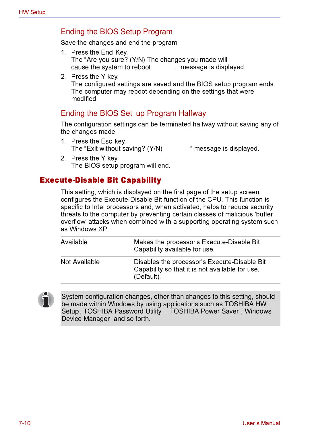 Toshiba TECRA M5 user manual Execute-Disable Bit Capability, Ending the Bios Setup Program Halfway 