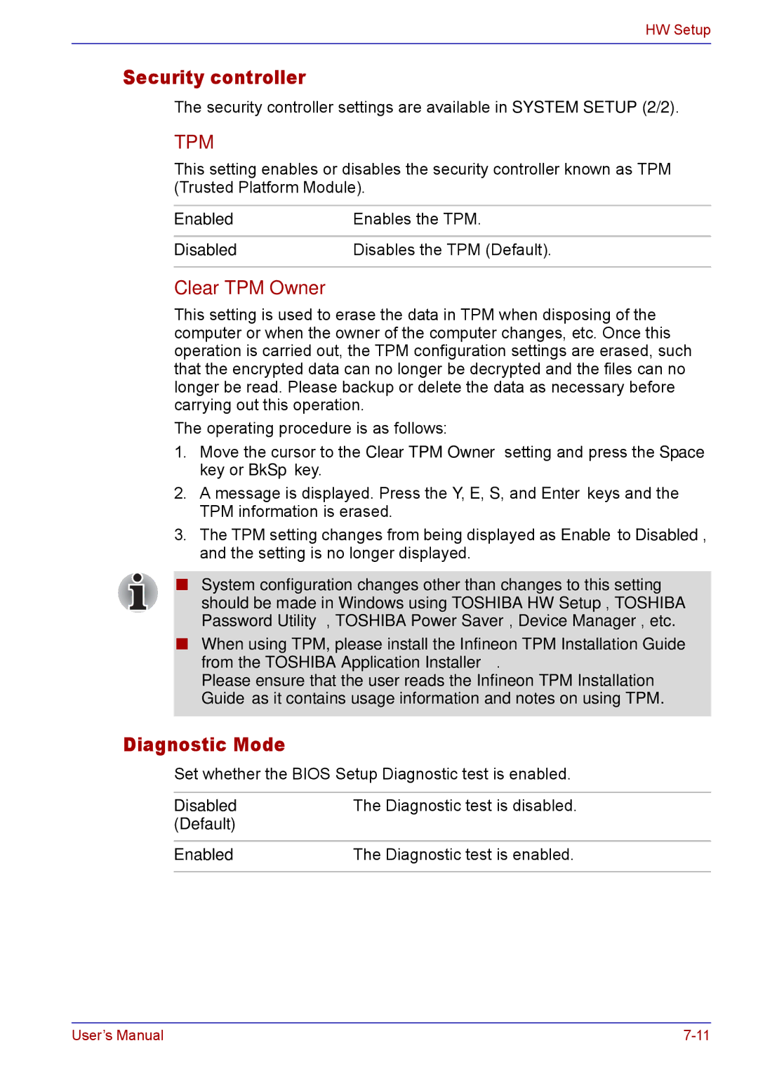 Toshiba TECRA M5 user manual Security controller, Diagnostic Mode, Clear TPM Owner, Diagnostic test is disabled 