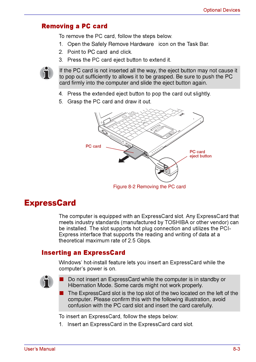 Toshiba TECRA M5 user manual Removing a PC card, Inserting an ExpressCard 