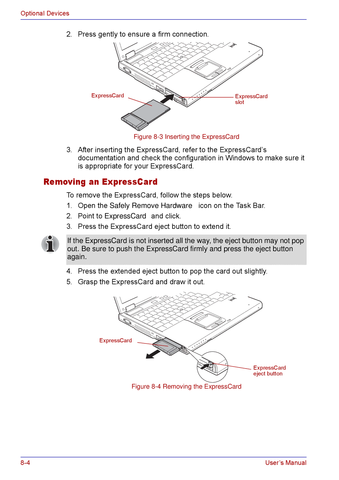 Toshiba TECRA M5 user manual Removing an ExpressCard, Inserting the ExpressCard 