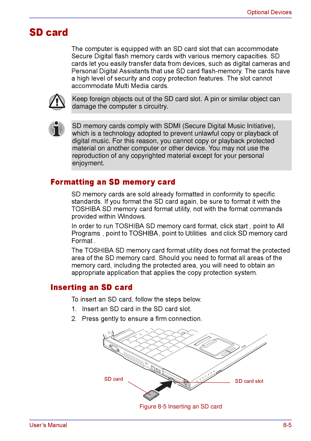 Toshiba TECRA M5 user manual Formatting an SD memory card, Inserting an SD card 