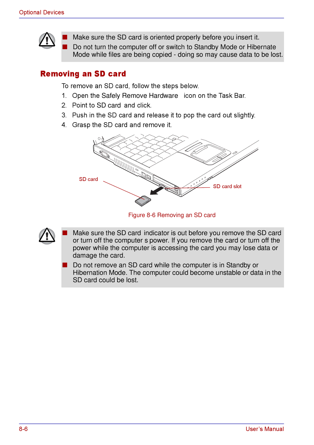 Toshiba TECRA M5 user manual Removing an SD card 