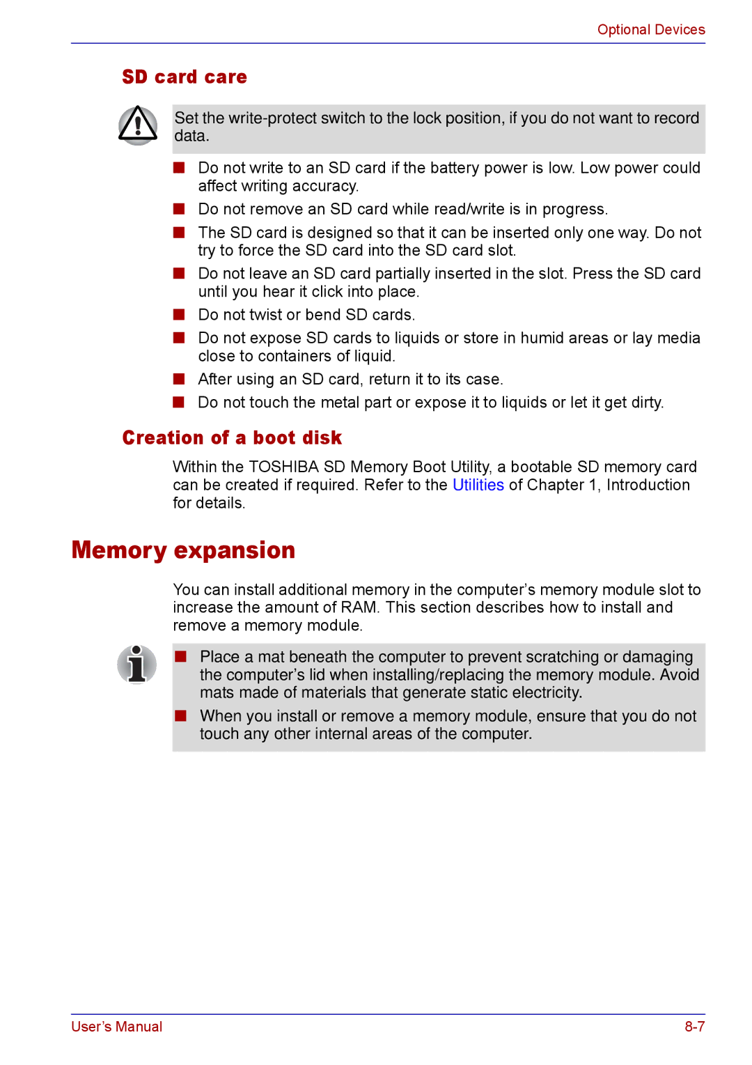 Toshiba TECRA M5 user manual Memory expansion, SD card care, Creation of a boot disk 