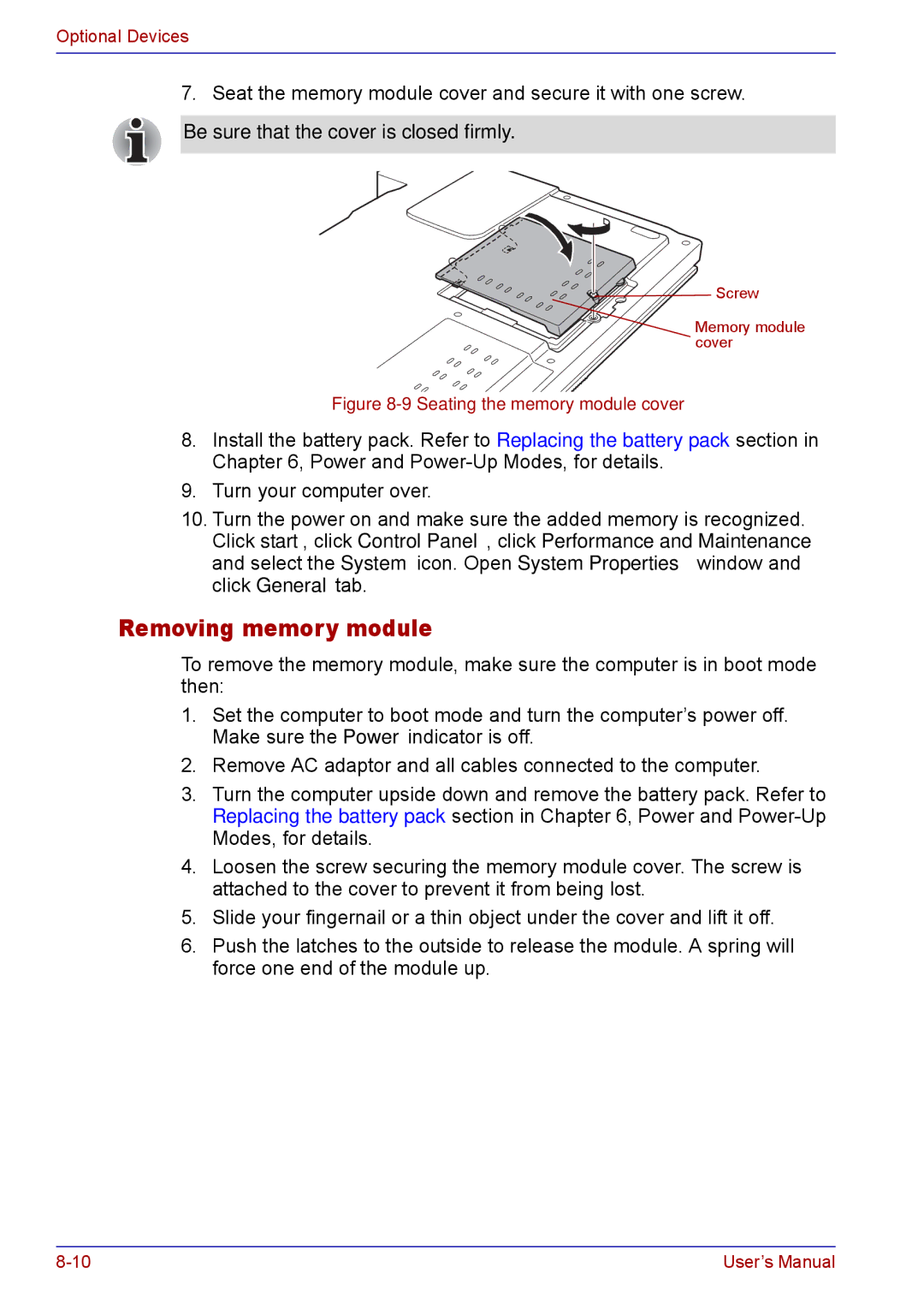 Toshiba TECRA M5 user manual Removing memory module, Be sure that the cover is closed firmly 