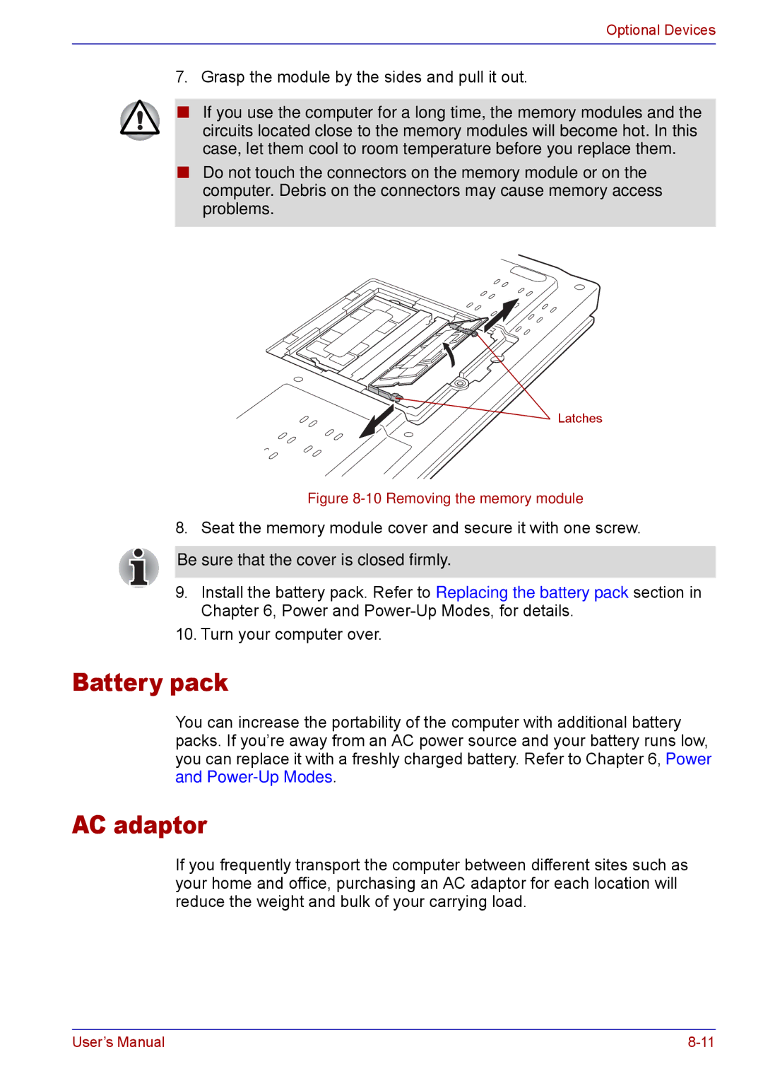 Toshiba TECRA M5 user manual Battery pack, Grasp the module by the sides and pull it out 