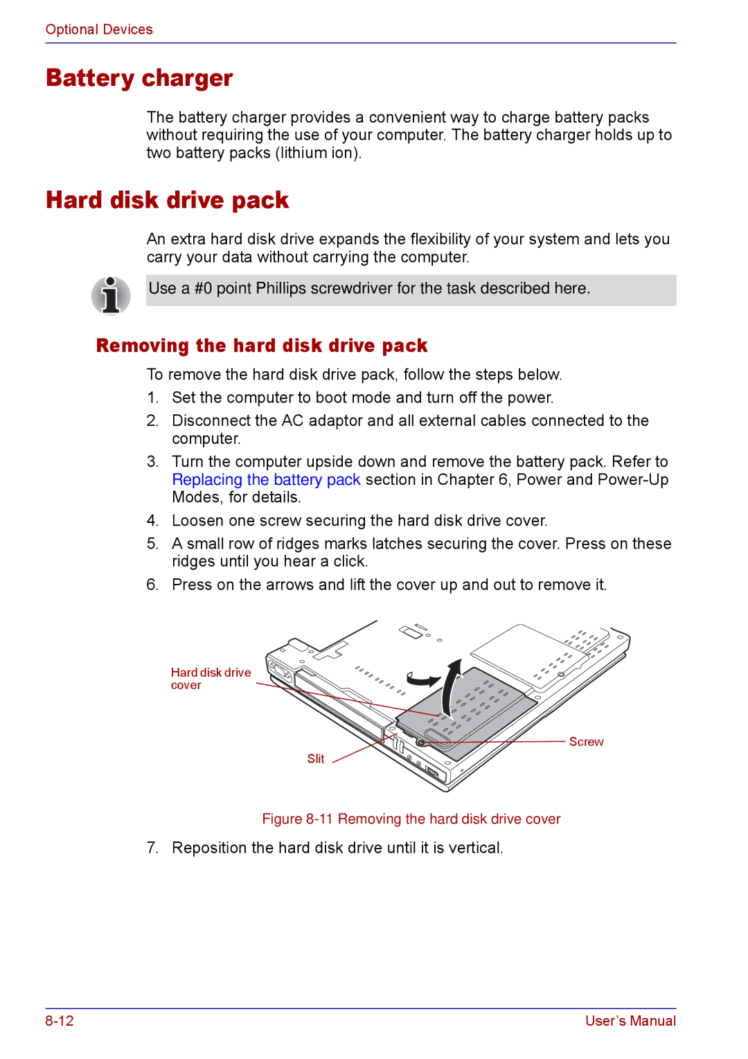 Toshiba TECRA M5 user manual Battery charger, Hard disk drive pack, Removing the hard disk drive pack 